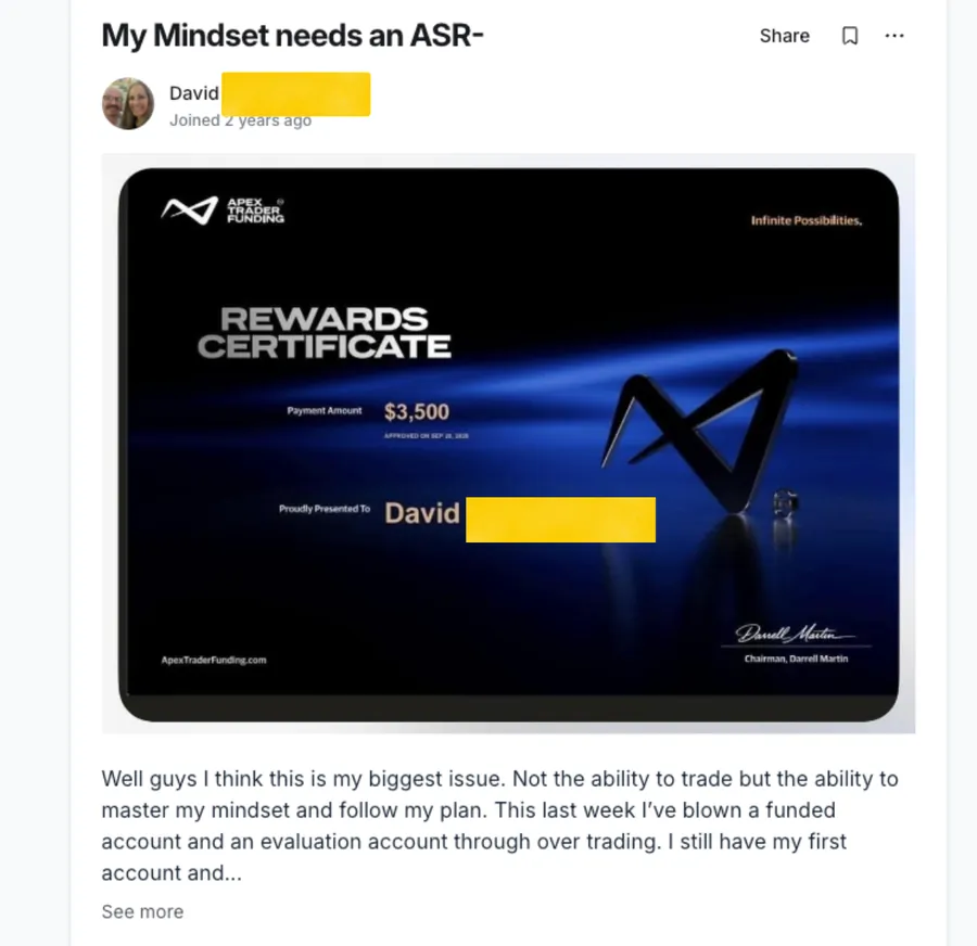 Payout certificate for David