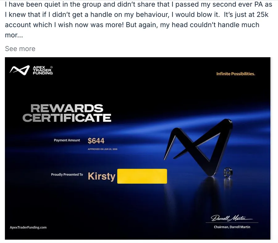 Payout certificate for Kirsty